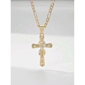 Unisex 14k Gold Plated Cross‎ Pendant with Figaro Chain Necklace
